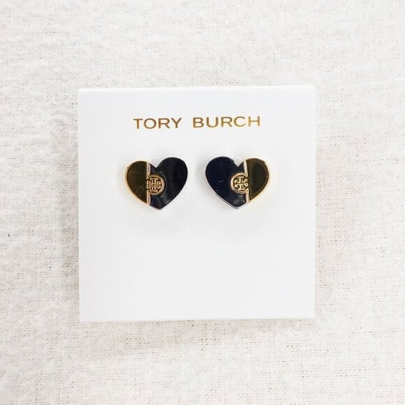 Tory Burch  Heart Puzzle Logo Stud Earrings Silver Gold - Picture 1 of 13